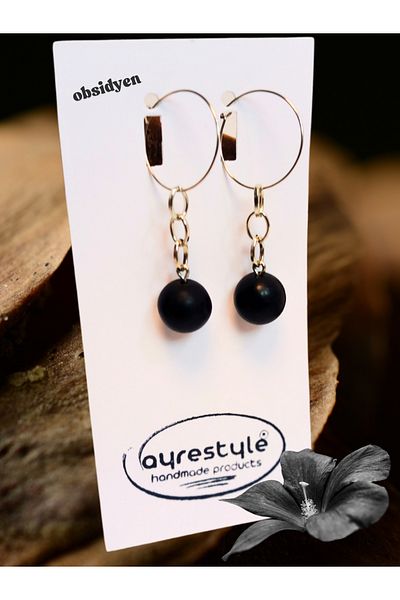 ayrestyle Natural Matte Obsidian Stone Necklace and Earrings Set – Modern, Stylish and Natural Design - Gold Yellow Color Necklace