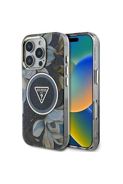 Guess Case for iPhone 16 Pro - Guess IML Metal Glitter Flowers Triangle MagSafe (GUHMP16LHFLPEDK) - Black