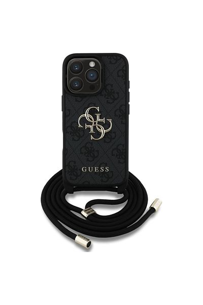 Guess Case for iPhone 16 Pro Max - Guess Hardcase 4G Big Logo with Cord Strap (GUHCP16XP4GMGCRK) - Black