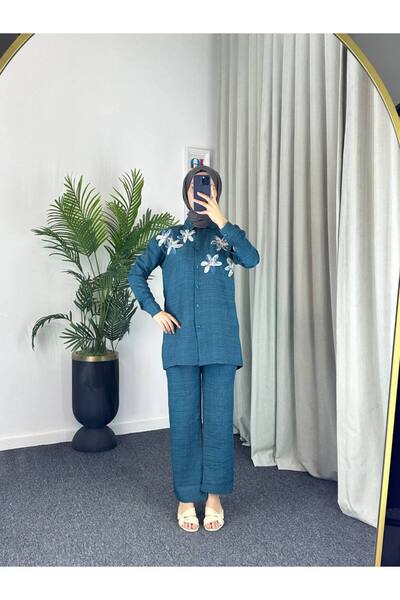 Esre Store 7756 - طقم حجاب كتان مزدوج أزرق