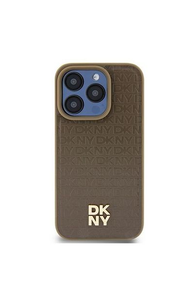Dkny Carcasă pentru iPhone 15 - DKNY MagSafe cu model din piele și logo metalic (DKHMP15SPSHRPSW) - Maro