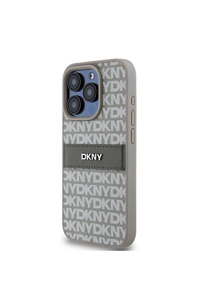 Dkny IPhone 15 Pro Case - DKNY Leather Mono Stripe & Metal Logo (DKHCP15LPRTHSLE) - Beige