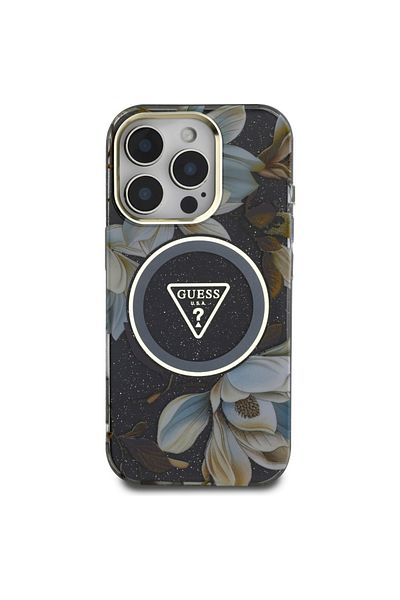 Guess Case for iPhone 16 Pro - Guess IML Metal Glitter Flowers Triangle MagSafe (GUHMP16LHFLPEDK) - Black