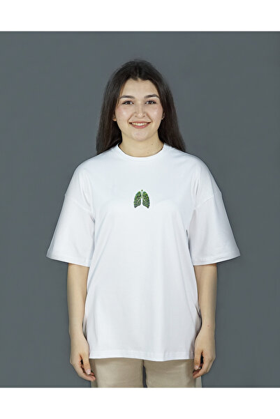 Beyaz Renk Baskılı Kadın T-shirt | Sylvanea | Oversize