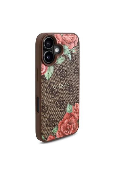 Guess Case for iPhone 16 - Guess Hardcase 4G Flower Print MagSafe (GUHMP16SP4ROPEMCW) - Brown