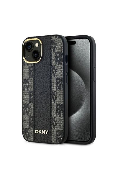 Dkny IPhone 15 Plus Case - DKNY Leather Checkered Mono Pattern MagSafe (DKHMP15MPCPVSLK) - Black