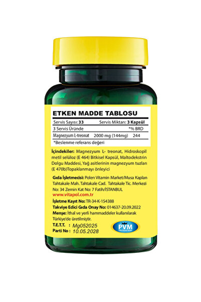 Vitapol Magnezyum L Treonat 2000 Mg 100 Vegan Kapsül
