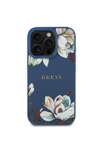 Guess Case for iPhone 16 Pro - Guess Grained Flowers MagSafe (GUHMP16LPGNMPLMB) - Blue