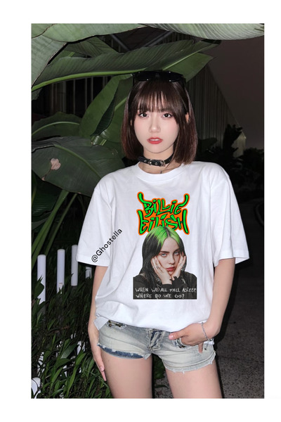 Minga London Tricou unisex supradimensionat cu imprimeu alb Billie Eilish -Gh...