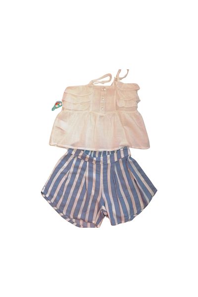 Çikoby Girl's Double Suit Ecru Blouse Blue Striped Shorts 3-8 Years Range
