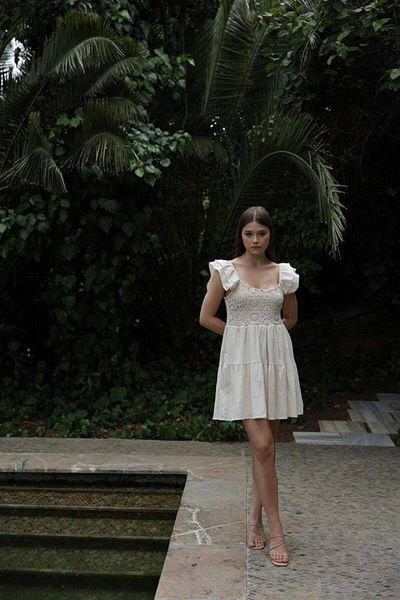 ROLANS CLUB Short Cutout Detailed Dress - Ecru