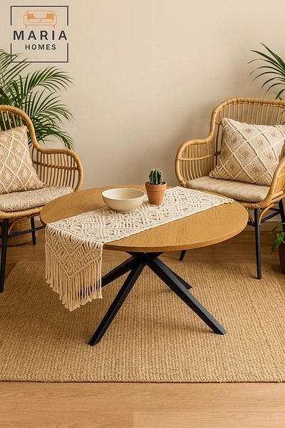 MARIA HOMES Compact walnut coffee table with cross black metal legs
