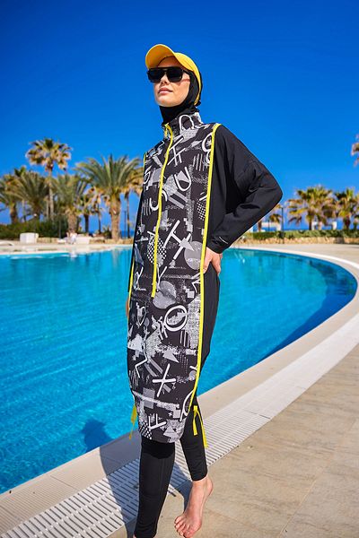 Marina Swimwear Black Full Covered Hijab Swimsuit with Shirring, Stopper and Water Repellent Fabric M2536
