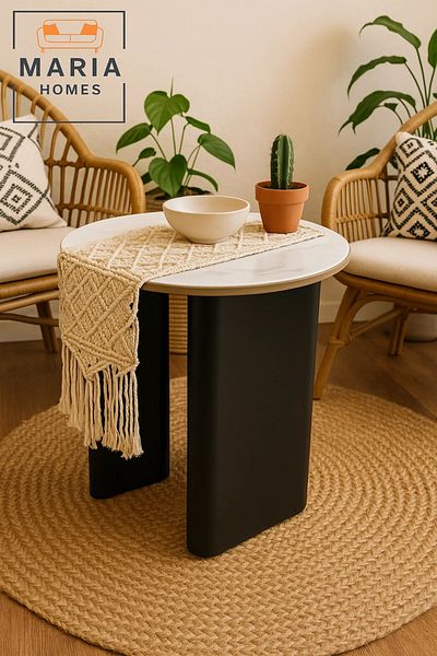 MARIA HOMES Compact Round Side Table with White Marble Top and Black Base Modern Accent Table for Any Room