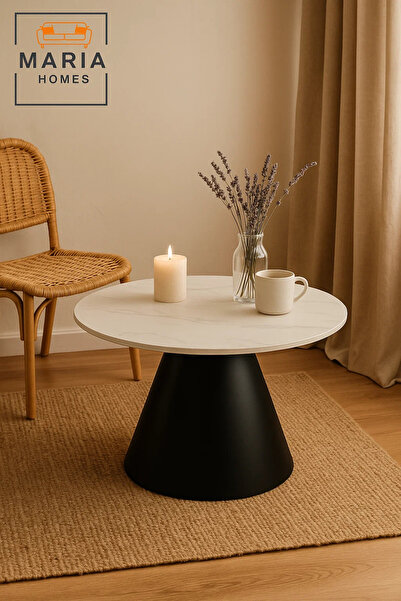 MARIA HOMES Round white marble table with black cone base