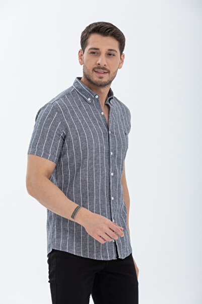 Klothy Men's Short Sleeve Striped Linen Shirt 2585