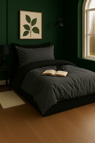 GARDEN ROOM Single Duvet Cover Set with Elastic Sheets Anthracite / Black