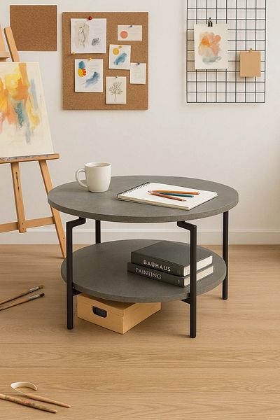 MARIA HOMES Dual-layer round coffee table in grey concrete finish