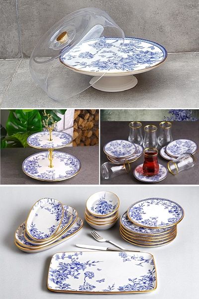 Pinkev 30 Piece 6-Person Ceramic Cake Breakfast Presentation Plate Set - Blue Floral