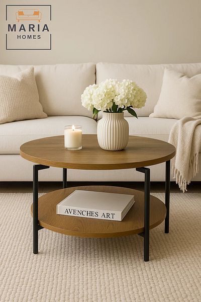 MARIA HOMES Round oak-finish coffee table with lower shelf and black frame