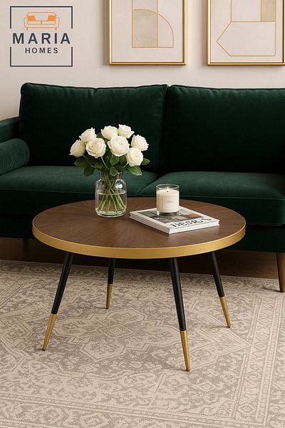 MARIA HOMES Modern Round Coffee Table Walnut Top with Gold Trim & Black Legs for Stylish Living Rooms
