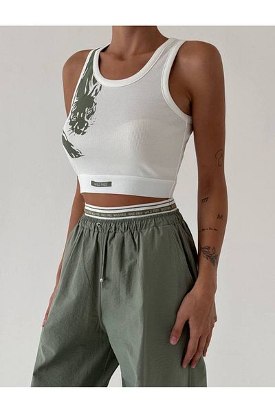 Quzu Text Printed Elastic Wide Leg Pants & Halter Collar Crop Suit