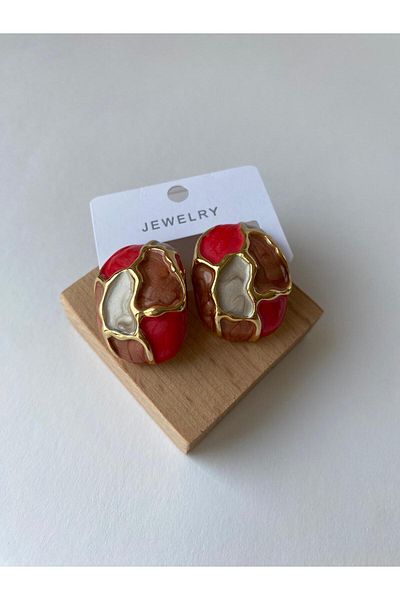 marsel aksesuar Pink Enamel Button Gold Earrings