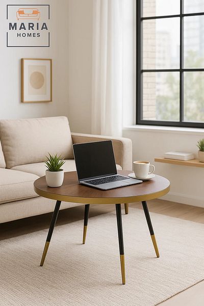 MARIA HOMES Modern Round Coffee Table Walnut Top with Gold Trim & Black Legs for Stylish Living Rooms
