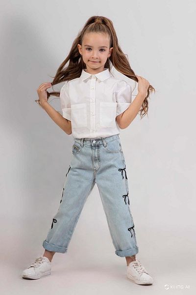 wakawakakidsstore Pantaloni de blugi pentru fetiță albastru deschis cu detaliu panglică