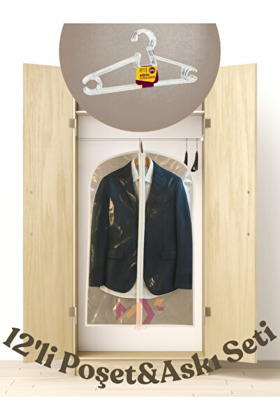 Myend 12'li Elbise Düzenleme Seti, 12 Adet Şeffaf Poşet 12 Adet Kristal Askı Set