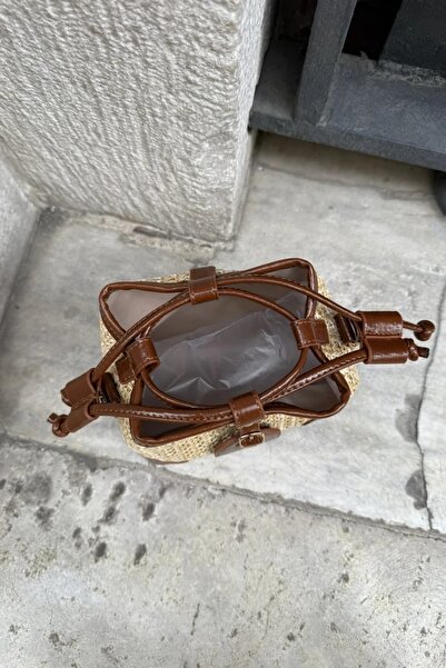 LEONAS Straw and Faux Leather Design Cross Women's Shoulder Bag Buch Taba