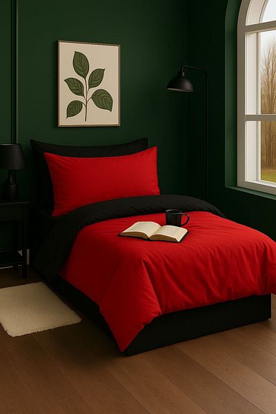GARDEN ROOM Single Duvet Cover Set with Elastic Sheets Red / Black