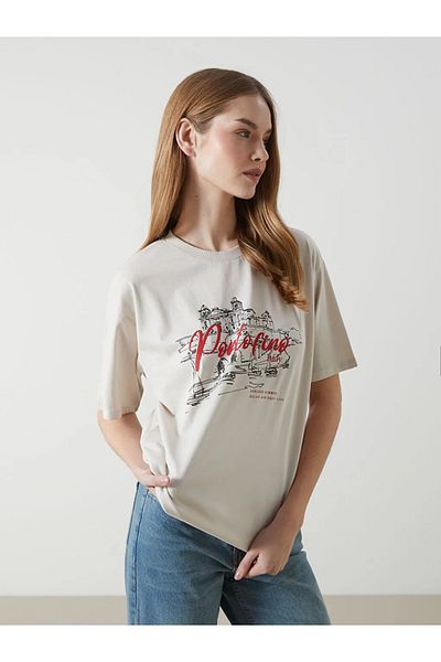 LC Waikiki Tricou oversize pentru damă, gri LCW Vision, cu decolteu rotund