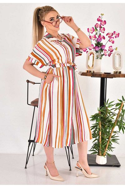 Tanos Women's Colorful Vertical Stripes Belted Shirt Dress