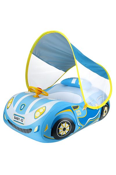 bebeLOGIC Swimming ring with sunshade for babies and children, inflatable car, blue, suitable for 1-4 years