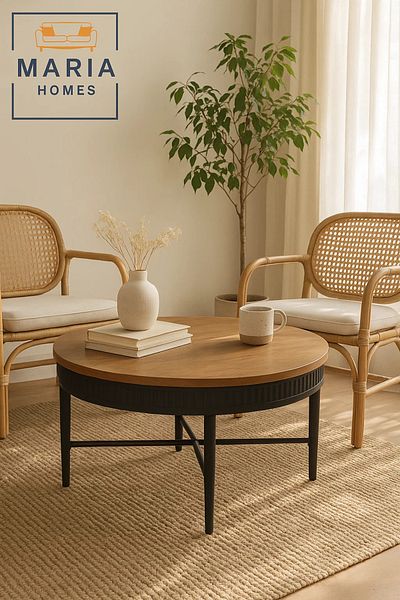 MARIA HOMES Round wooden coffee table with black fluted edge and base