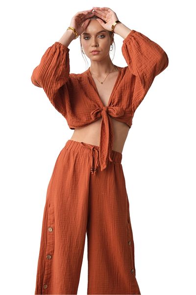 clavia Muslin Pants, Crop Bustier Bottom-Top Summer Two-Piece Set, Comfortable Fit Loose Wide Leg High Waist Pants