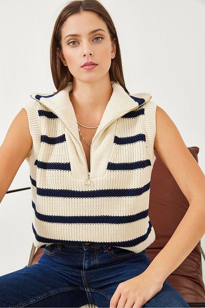KURGAN TEKSTİL Women's Turtleneck Zipper Knitwear Striped Sweater