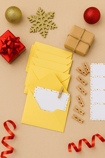 Emtory Home 15 Adet Sarı Zarf ve Mandallı Papatya Kart - Hediye Paketleme Kar...