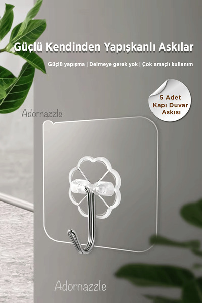 adornazzle 5 Adet Kapı Duvar Askısı, Kendinden Yapışkanlı Şeffaf Askı, Güçlü Kapı Askısı, 6X6cm