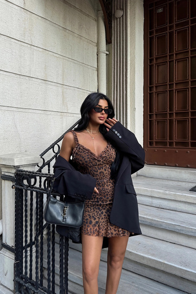 valerio Leopar desenli mini elbise