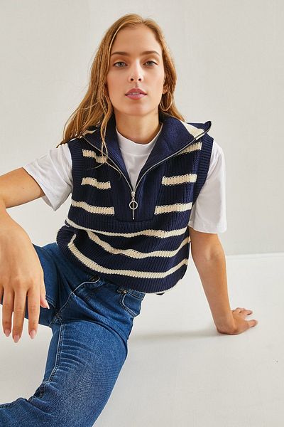 KURGAN TEKSTİL Women's Turtleneck Zipper Knitwear Striped Sweater