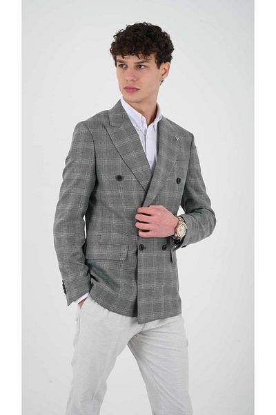Savira Slimfit ανδρικό μπουφάν με διπλό στήθος με μυτερό γιακά drop 6 υφαντό ύφασμα
