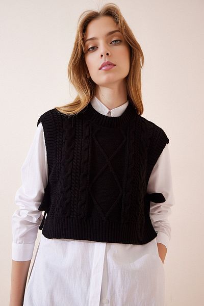 KURGAN TEKSTİL Women's Crew Neck Tie-Up Crop Knitwear Sweater