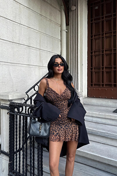 valerio Leopar desenli mini elbise