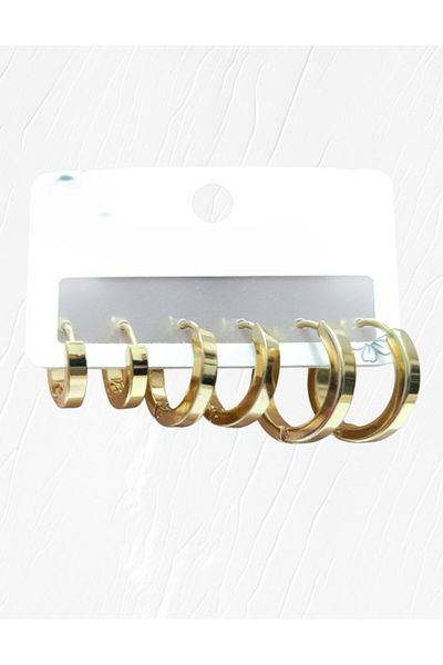 Tasarım Steel Earrings 3-Piece Simple Cornered Plain Hoop Model Earrings 4 mm Thickness Gold Yellow Gold