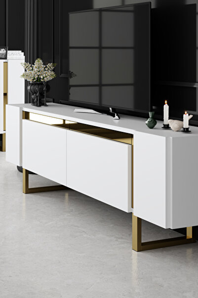 Modatte YILDIZ GOLD METAL AYAKLI GOLD TASARIM BEYAZ TV SEHPASI