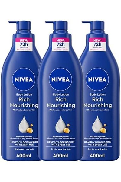NIVEA Extra Dry Body Lotion with Almond Oil and Vitamin E, 3 x 400 ml