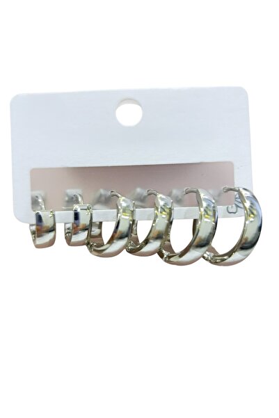 Tasarım Çelik Küpe 3'lü Sade Köşeli Kavisli Halka Model Küpe 3 mm Kalınlık Gümüş Silver