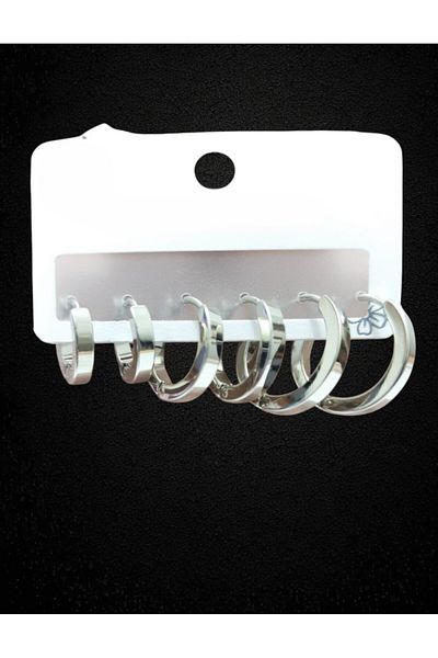 Tasarım Steel Earrings 3-Piece Simple Cornered Plain Hoop Model Earrings 3 mm Thickness Silver Silver